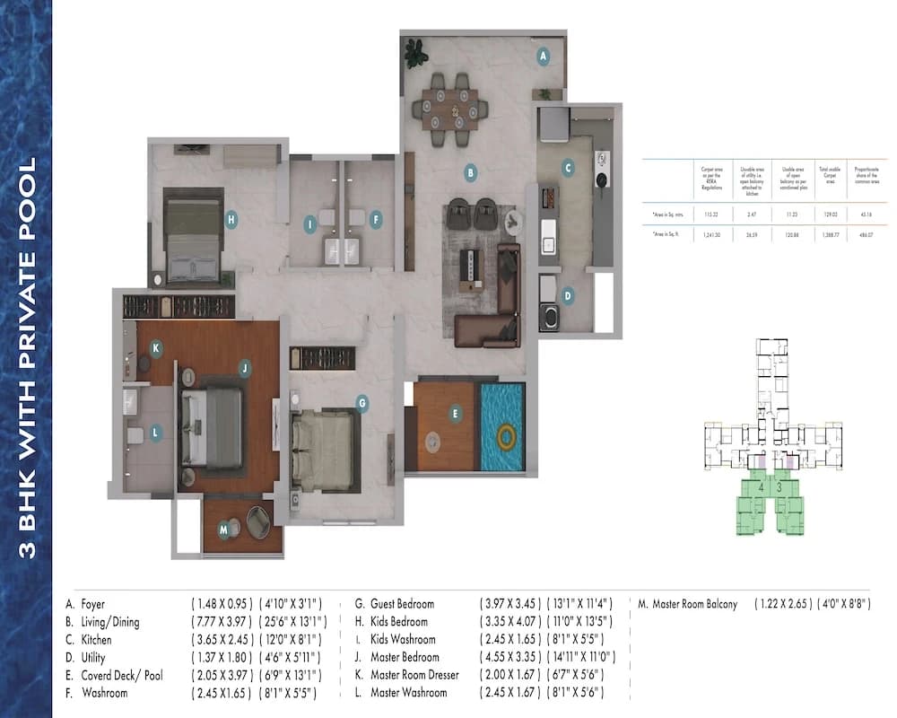 3 BHK floor plan at Gera Avive Towers showing room layout and dimensions