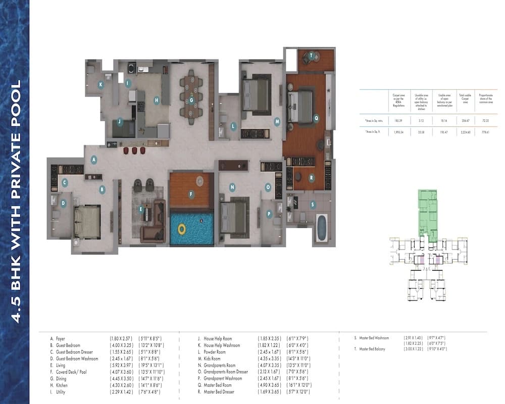 4.5 BHK floor plan at Gera Avive Towers showing room layout and dimensions